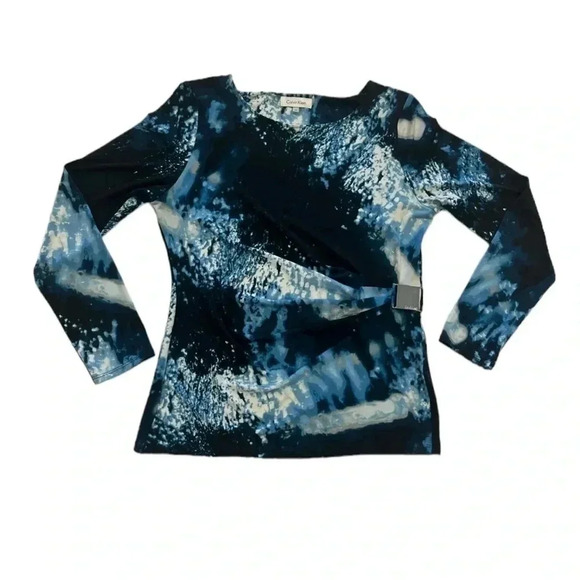 Calvin Klein Long Sleeve Wrap Style Top With Buckle Blue White Size Medium - Picture 6 of 10